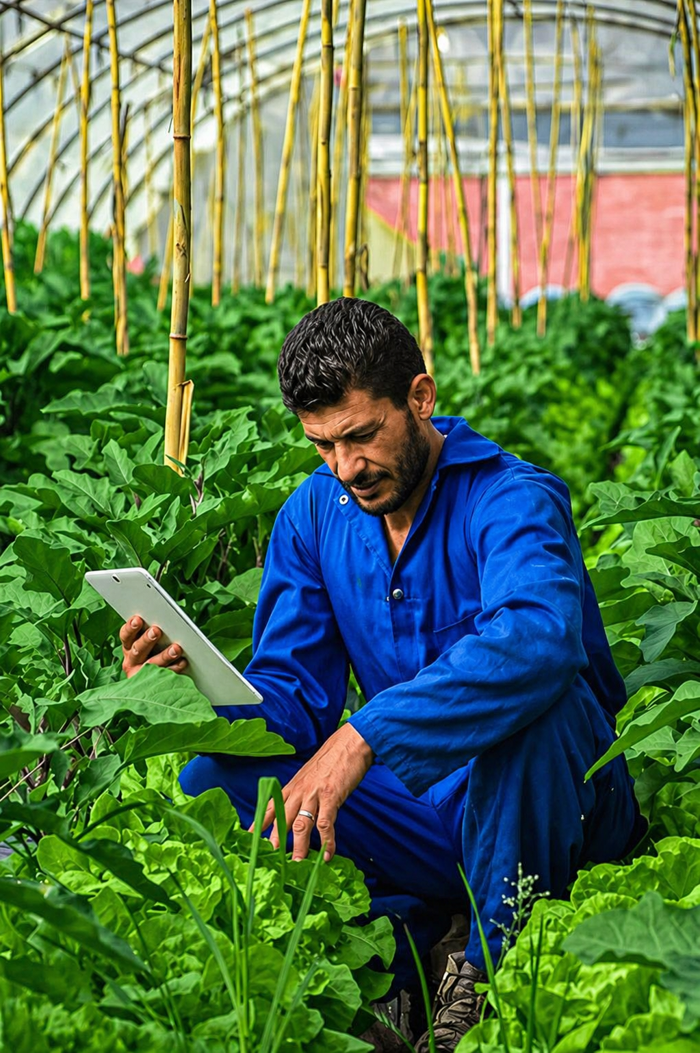 A farmer in a sun-drenched field checking a digital tablet